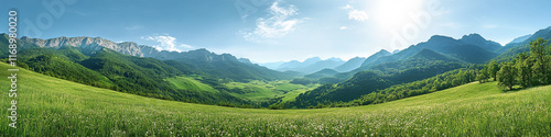 Verdant pastures amidst rugged mountain scenery and a clear, bright sky