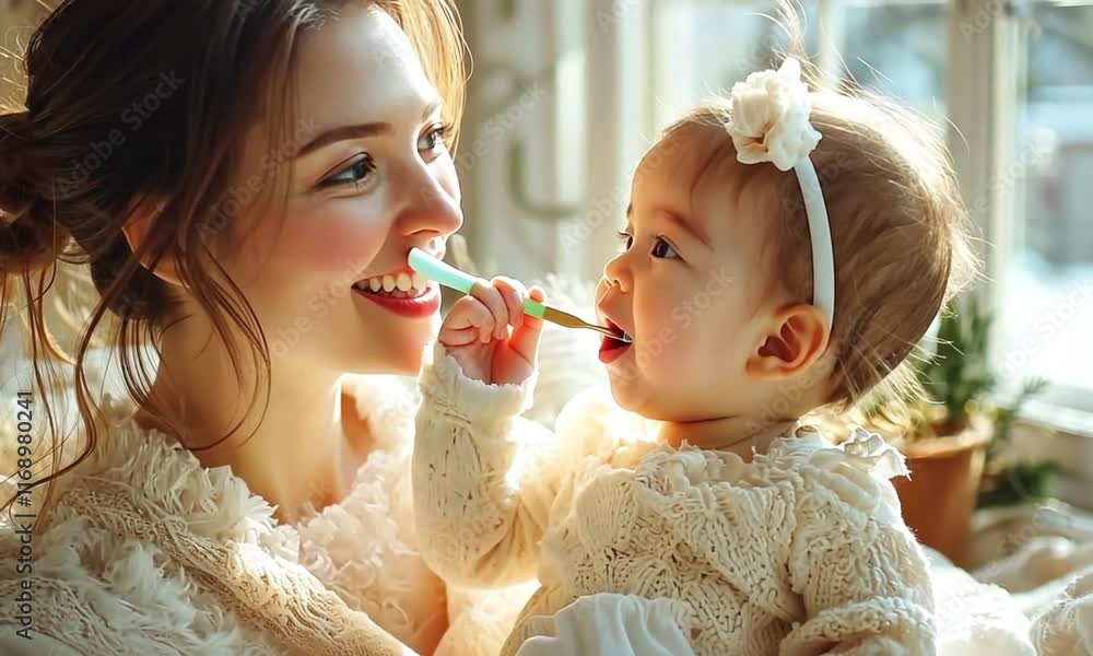 Happy Mother Teaching Baby to Brush Teeth in Bright Natural Light Happy Mother Teaching Baby to Brush Teeth in Bright Natural Light