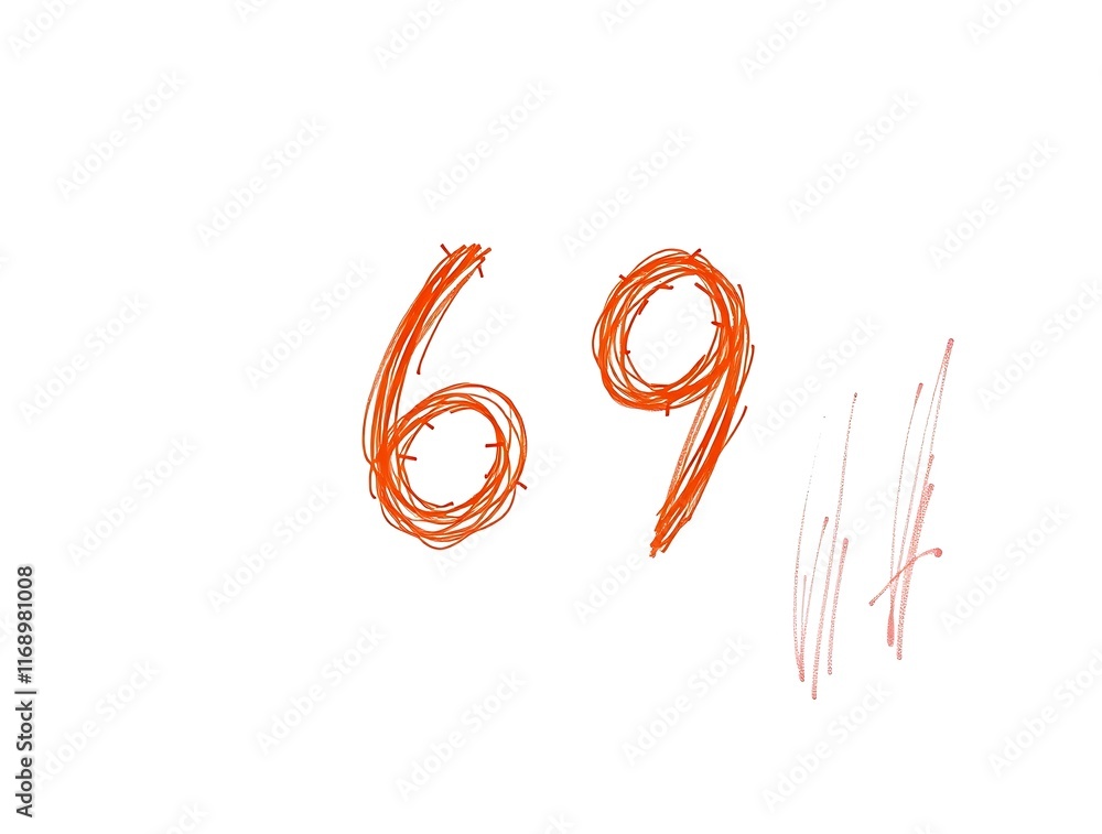 Fototapeta premium Intricate Scribbled Number Sixty-Nine with Abstract Strokes