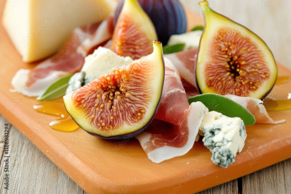 Fresh figs are beautifully sliced and paired with delicate prosciutto and creamy cheese on a rustic wooden board. This enticing combination invites shared moments and gourmet enjoyment Fresh figs are beautifully sliced and paired with delicate prosciutto and creamy cheese on a rustic wooden board. This enticing combination invites shared moments and gourmet enjoyment