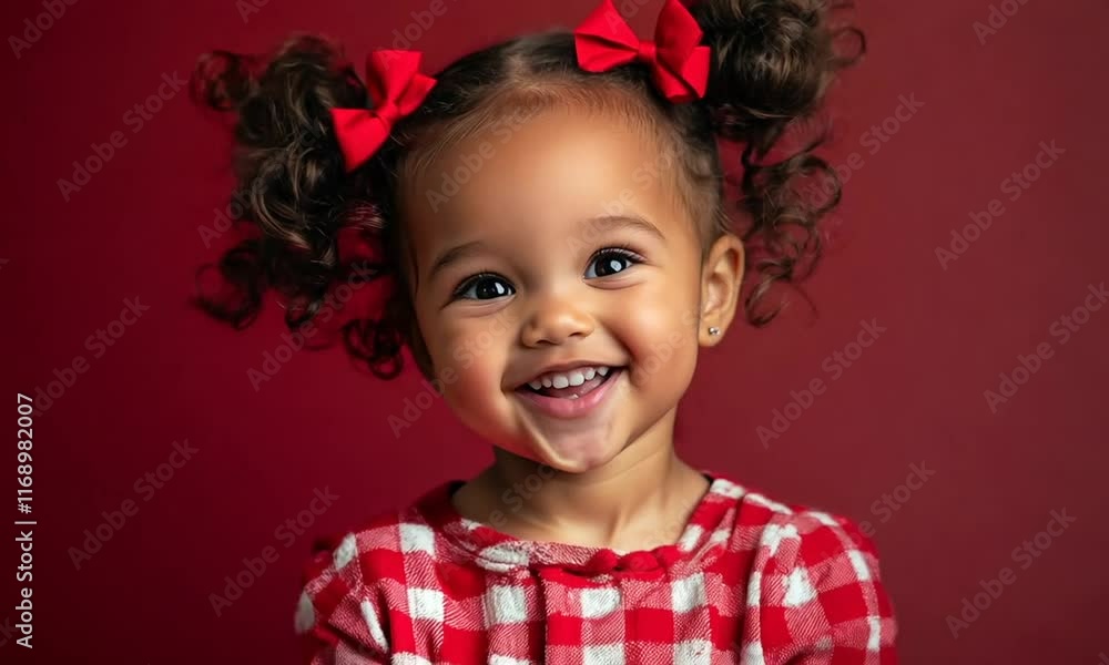 Smiling girl with curly hair and red bows in a plaid dress against a red background Smiling girl with curly hair and red bows in a plaid dress against a red background