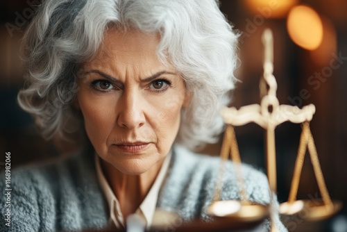 A female judge reviewing case files in a modern courtroom, with a balanced scale prominently displayed nearby photo