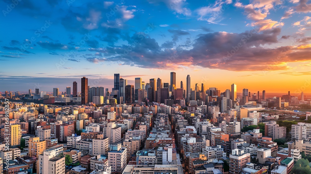 Obraz premium Vibrant cityscape at sunset, with skyscrapers and colorful skies