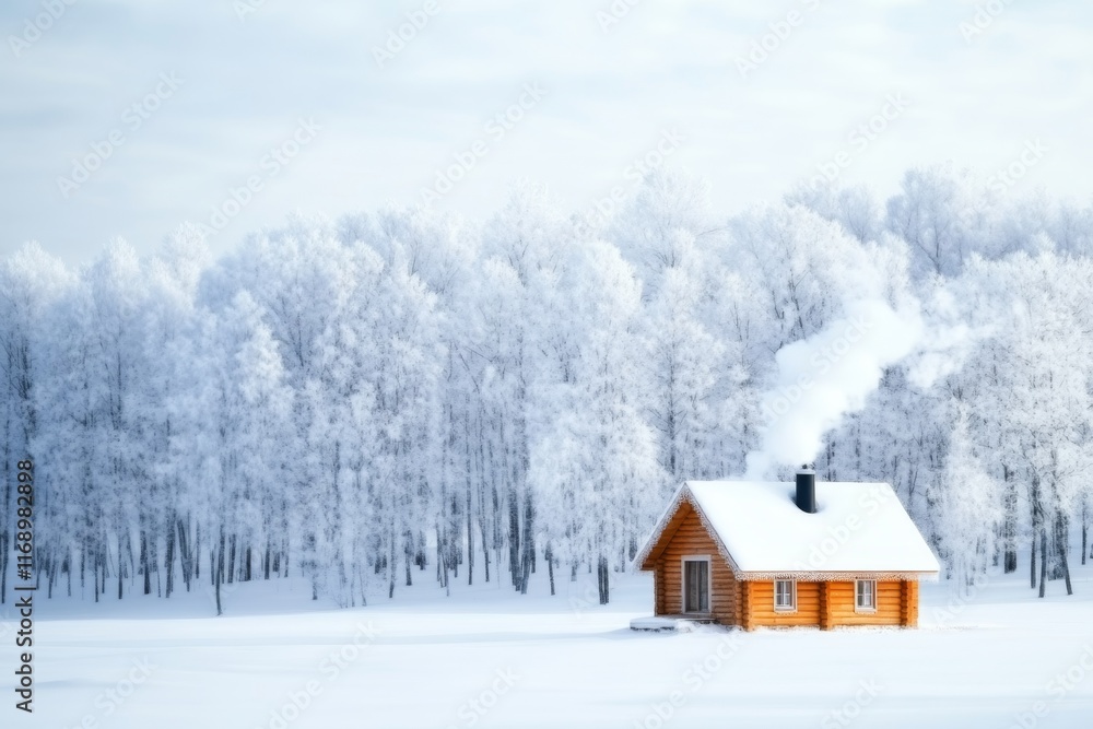 A traditional wooden izba nestled in a snowy Russian forest, smoke curling from its chimney under a pale winter sky A traditional wooden izba nestled in a snowy Russian forest, smoke curling from its chimney under a pale winter sky