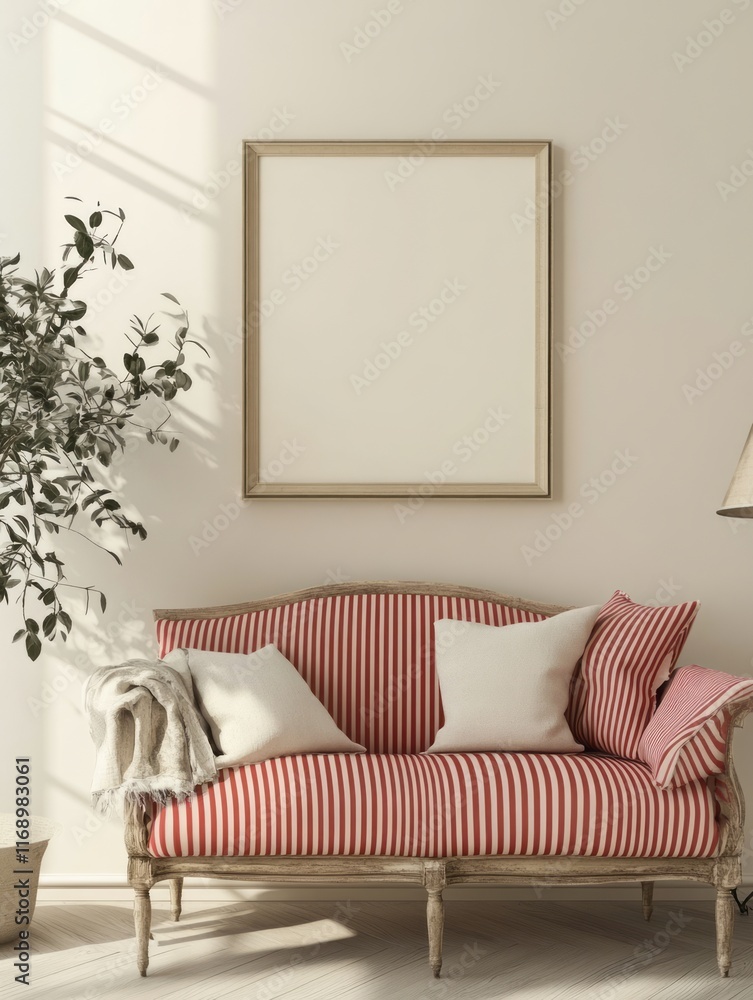 Red striped sofa with pillows in a bright room Red striped sofa with pillows in a bright room