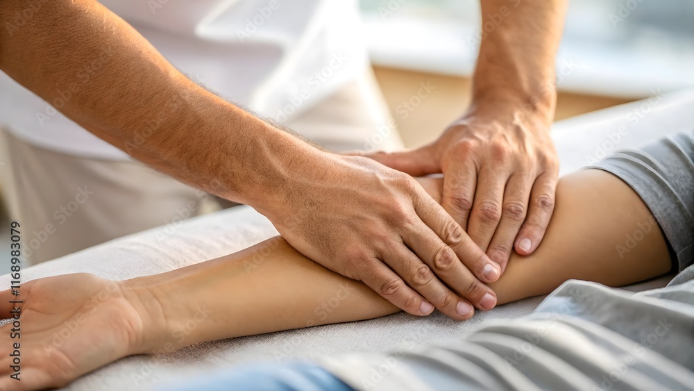 Therapist providing arm massage to a client. Therapist providing arm massage to a client.