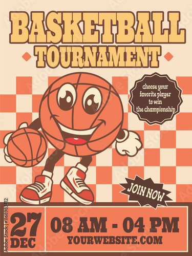 Vector illustration of basketball tournament flyer, poster, with retro cartoon basketball characters with funny faces, retro model