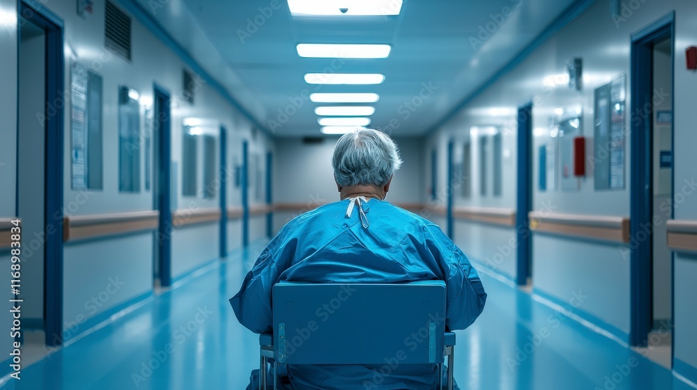 An elderly patient sits in a wheelchair, gazing down a hospital hallway, representing the challenges faced with aging while evoking feelings of nostalgia and resilience. An elderly patient sits in a wheelchair, gazing down a hospital hallway, representing the challenges faced with aging while evoking feelings of nostalgia and resilience.