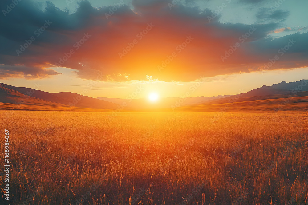 Fototapeta premium Vibrant sunset over golden wheat field and rolling hills.