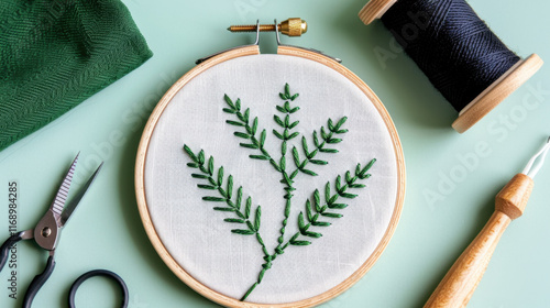 A flat lay of an embroidery hoop showcasing a minimalist green fern design, surrounded by crafting tools and materials on a pastel green background.
 photo