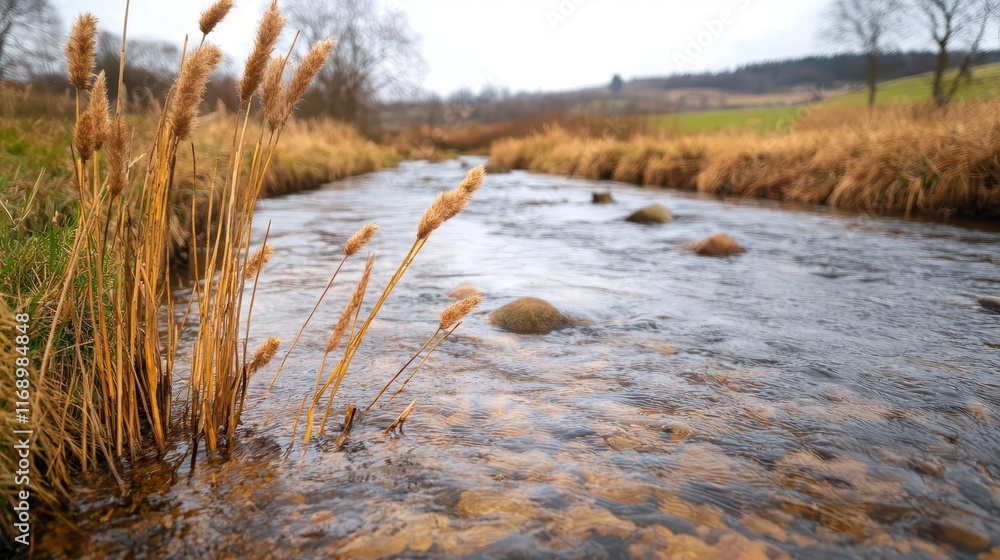 Obraz premium Single reed swaying in the wind beside a quiet stream, nature s rhythm on display, patience, calm, mindfulness