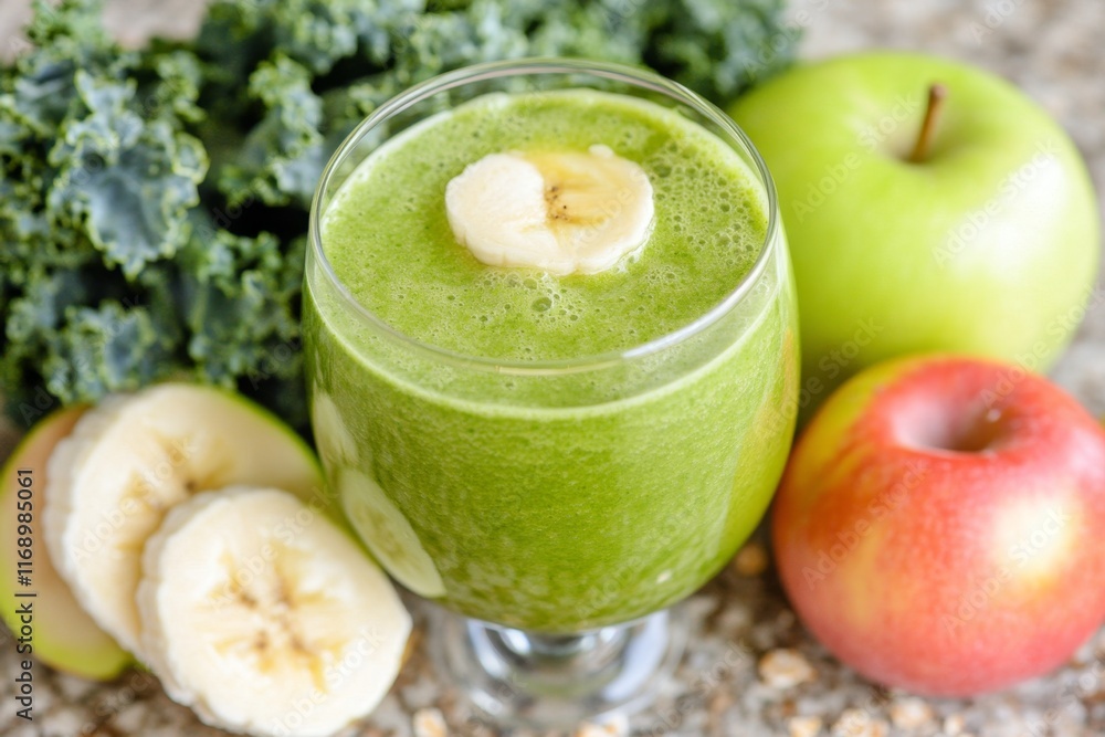 A glass of green smoothie made with kale, banana, and apple, surrounded by fresh ingredients on a countertop
