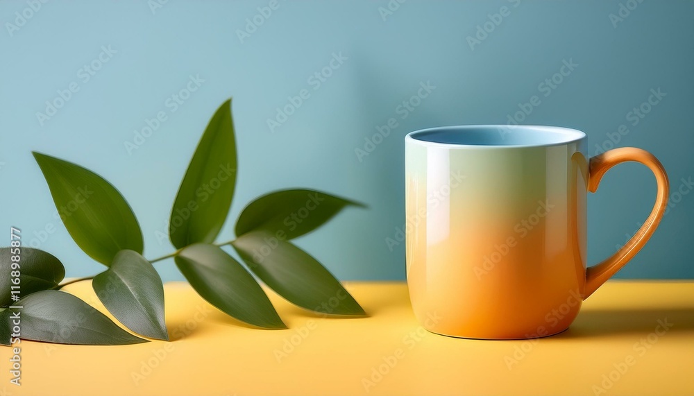 A mug with a clean and modern design, with soft primary colors harmonizing together on a table A mug with a clean and modern design, with soft primary colors harmonizing together on a table