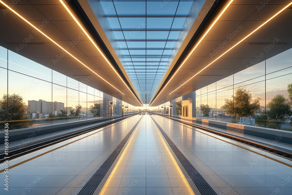 Modern train station platform with glass walls and a bright, sleek design, bathed in warm sunset light. Modern train station platform with glass walls and a bright, sleek design, bathed in warm sunset light.