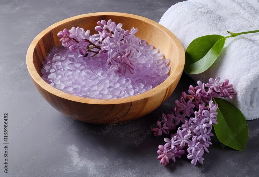 A wooden bowl filled with water and lilac flowers with a towel on a stone background A wooden bowl filled with water and lilac flowers with a towel on a stone background