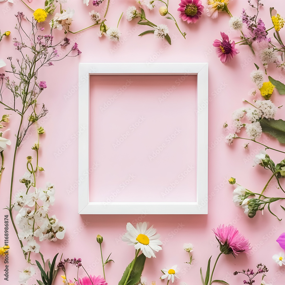 Light pink background with a white square frame, surrounded by flowers in a flat lay composition. Light pink background with a white square frame, surrounded by flowers in a flat lay composition.