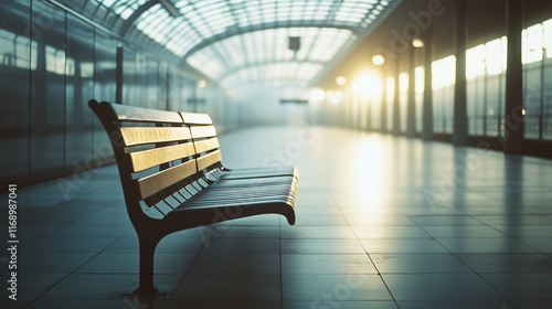 A cinematic image, featuring an empty train platform at dawn. The view is a vanishing-point perspective, with soft light streaming through the station's glass ceiling and a single bench in focus.