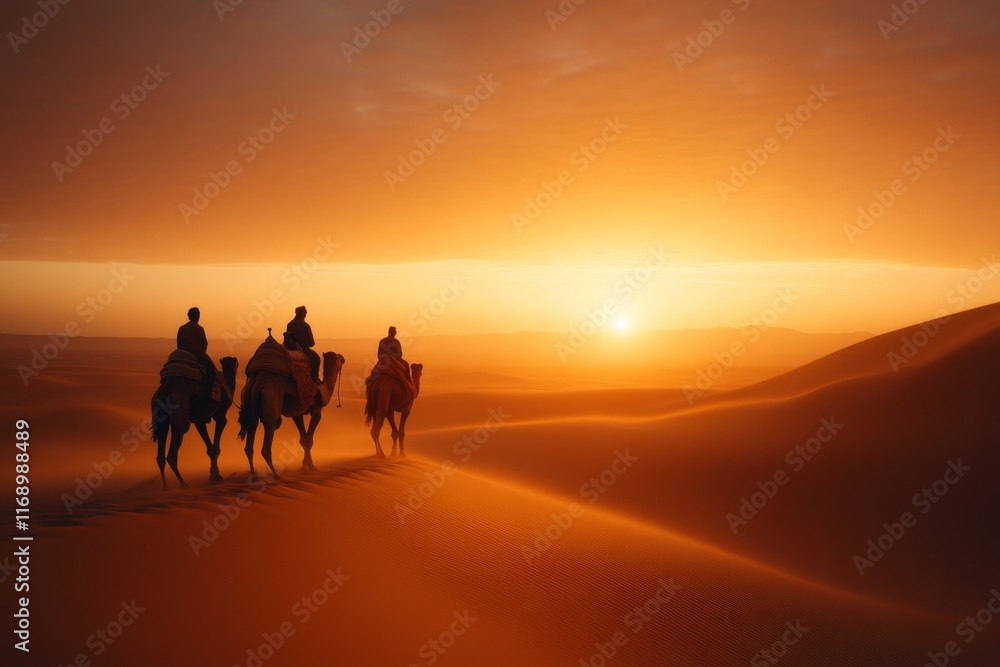 A group of travelers on a camel caravan, trekking across the golden sands of a vast desert A group of travelers on a camel caravan, trekking across the golden sands of a vast desert