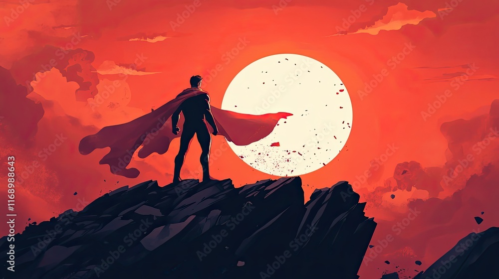 A lone superhero stands on a cliff overlooking a fiery sunset A lone superhero stands on a cliff overlooking a fiery sunset
