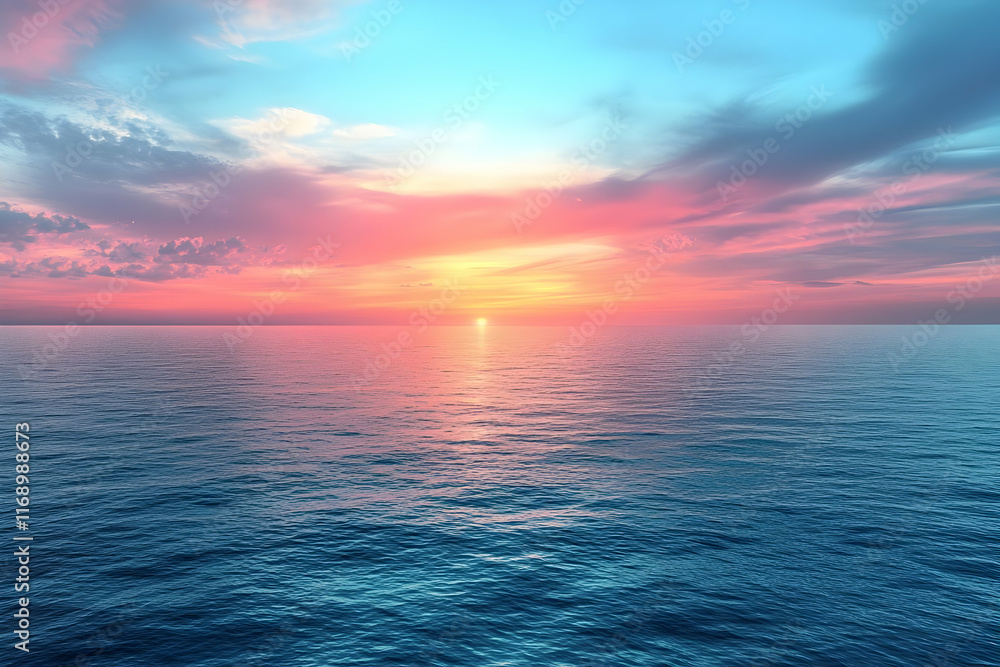 Naklejka premium Vibrant sunset over calm ocean.