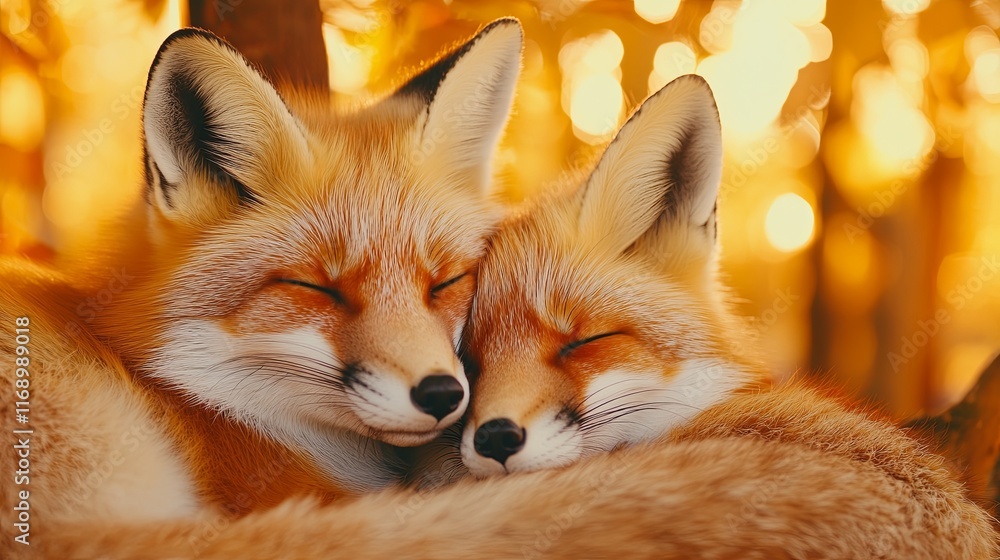 Obraz premium Two Red Foxes Cuddling in Autumn Forest