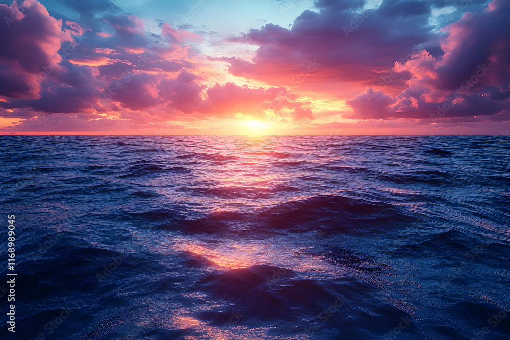 Obraz premium Vibrant sunset over a calm ocean with colorful clouds reflecting on the water.