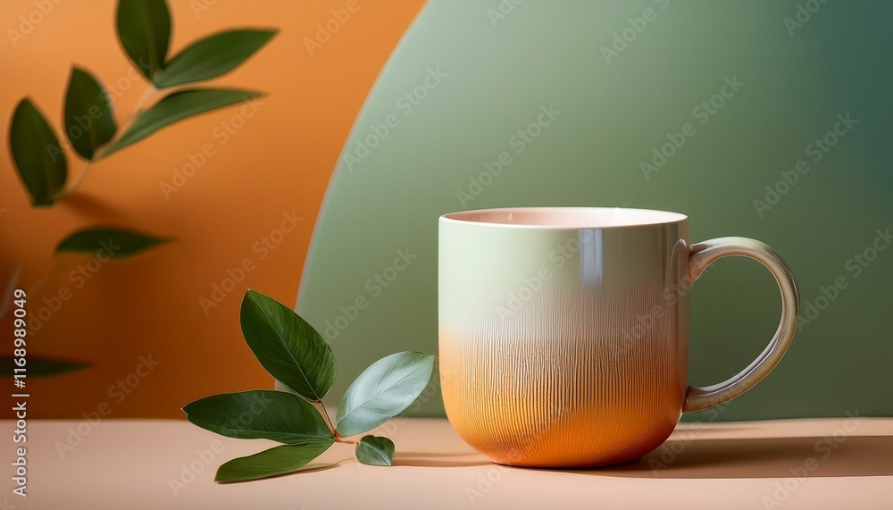 A mug with a clean and modern design, with soft primary colors harmonizing together on a table A mug with a clean and modern design, with soft primary colors harmonizing together on a table