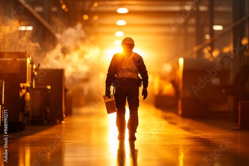 A haunting image of a solitary worker in an ominous, shadow-filled factory, illuminated by faint glowing machines photo