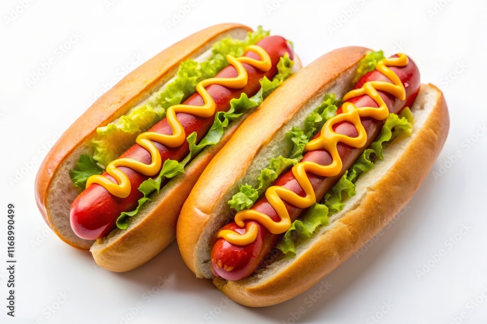 Minimalist Duo: Two Grilled Hot Dogs on White Background Minimalist Duo: Two Grilled Hot Dogs on White Background
