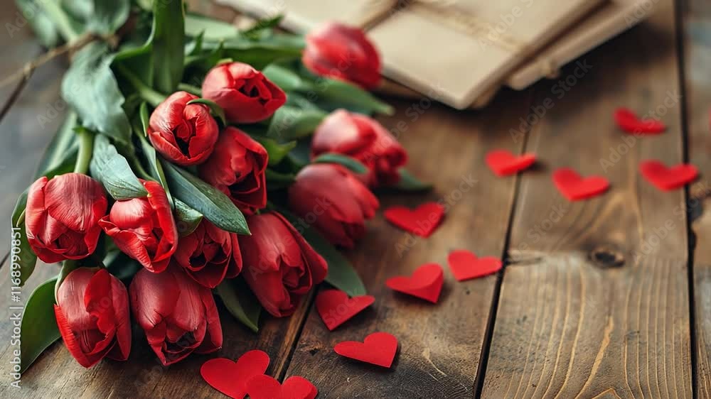 This Red tulips are beautifully arranged alongside heart-shaped decorations for Valentines Day. This Red tulips are beautifully arranged alongside heart-shaped decorations for Valentines Day.