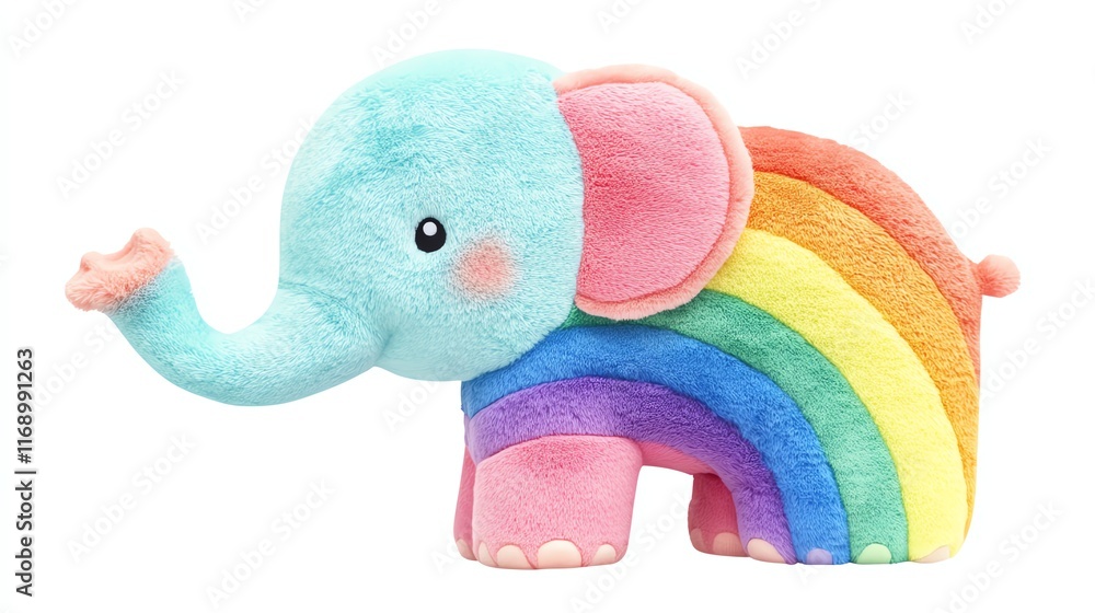 A colorful plush elephant with a rainbow design, featuring soft textures and a cheerful expression, ideal for toys or nursery decor.