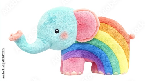 Obraz na płótnie A colorful plush elephant with a rainbow design, featuring soft textures and a cheerful expression, ideal for toys or nursery decor. w salonie