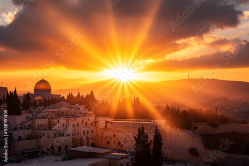Wallpaper Mural Worshippers gathering for a sunrise prayer at the Western Wall, with a golden glow lighting the sacred site Torontodigital.ca