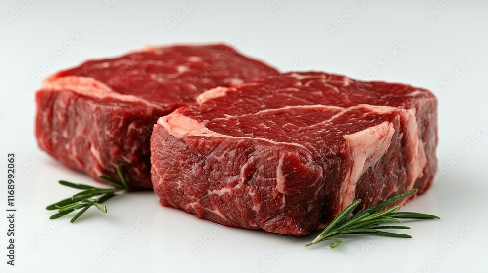Fototapeta premium Two raw beef steaks with rosemary sprigs.