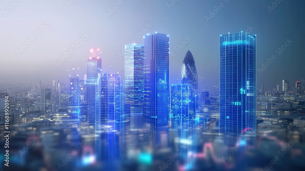 Futuristic city skyline with illuminated skyscrapers and digital effects Futuristic city skyline with illuminated skyscrapers and digital effects