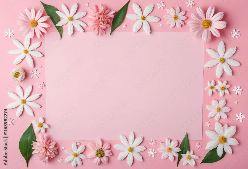 A flat lay of spring flowers on a pink background with space for text A flat lay of spring flowers on a pink background with space for text