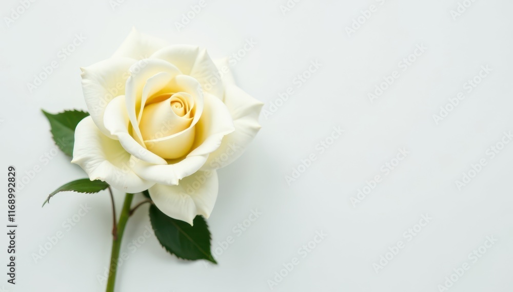 Fototapeta premium A single isolated white rose on a plain white background with gentle lighting and blurred edges, closeup, petals