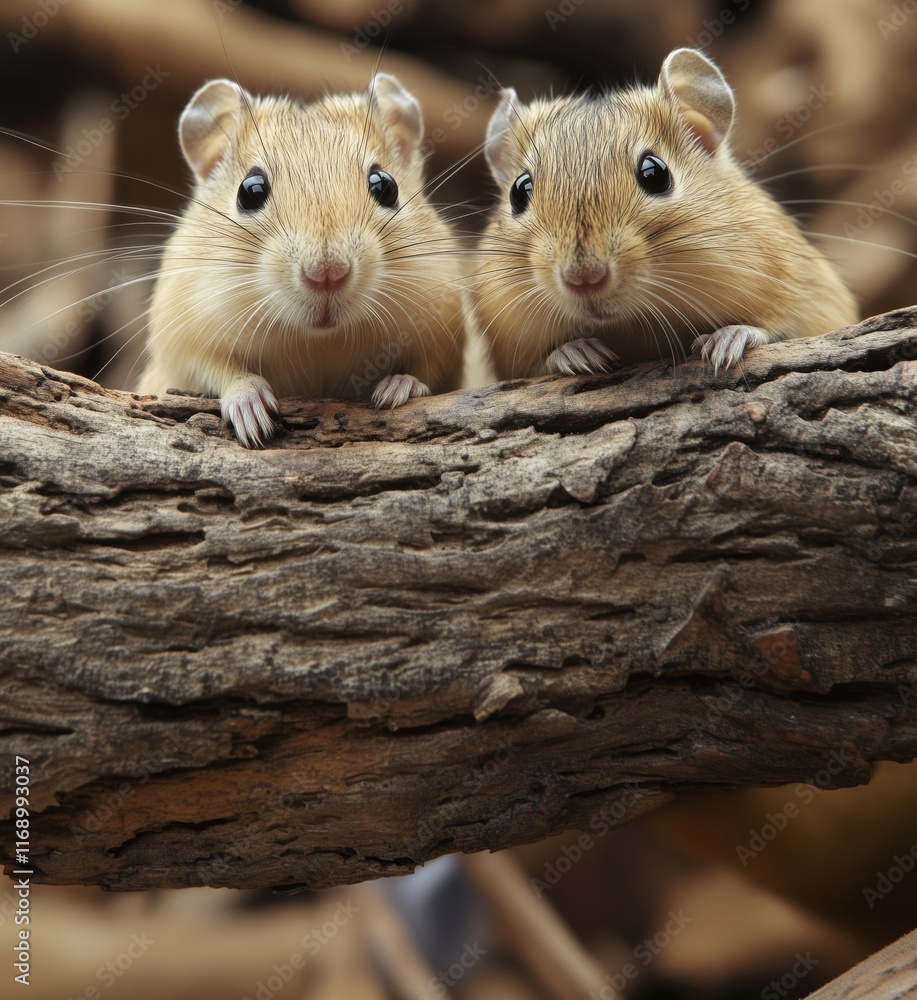 Two adorable gerbils perched on a log, showcasing their curious expressions and soft fur, surrounded by natural wood textures, copy space for text Two adorable gerbils perched on a log, showcasing their curious expressions and soft fur, surrounded by natural wood textures, copy space for text
