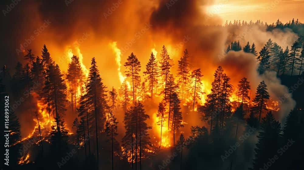 A forest fire is raging through a wooded area A forest fire is raging through a wooded area