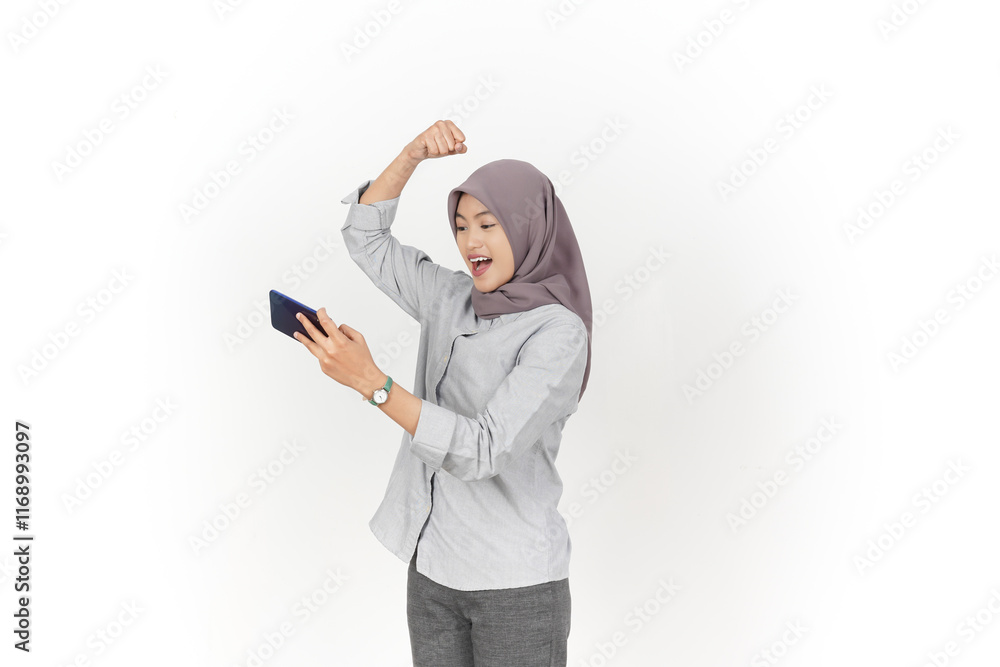 Playing game on smartphone Of Beautiful Asian Woman wearing hijab Isolated On White Background Playing game on smartphone Of Beautiful Asian Woman wearing hijab Isolated On White Background