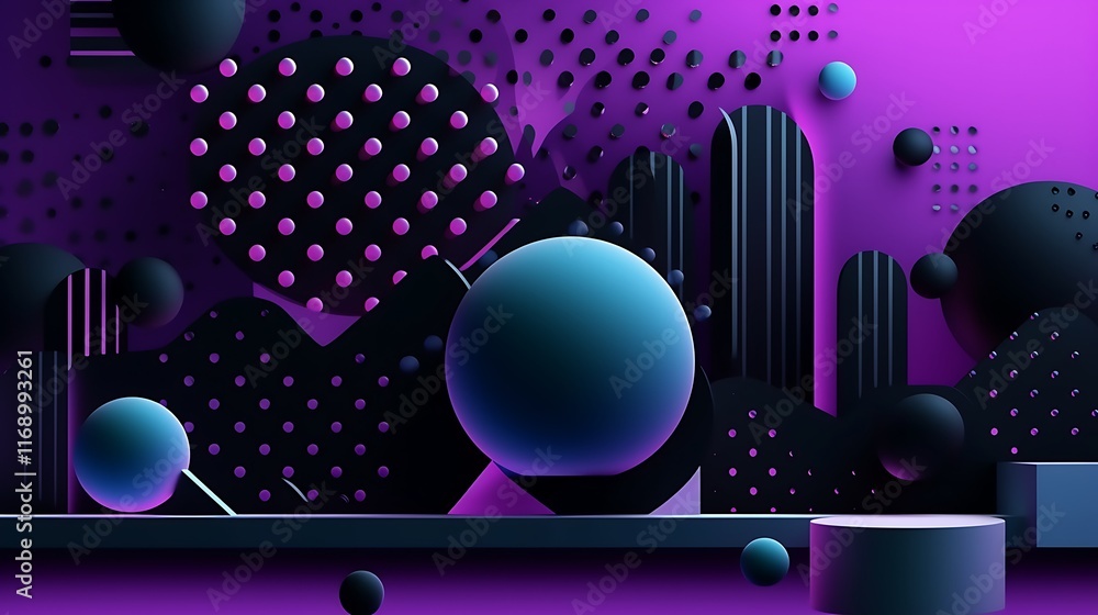 Fototapeta premium Abstract Purple Background with Geometric Shapes and Spheres