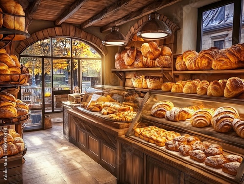 Morning bakery delight cozy french bakery interior paris food photography autumn atmosphere warm lighting photo