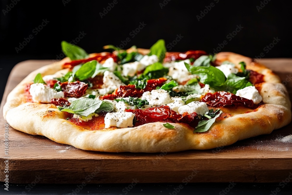 A kale flatbread pizza topped with feta cheese, sun-dried tomatoes, and a sprinkle of herbs A kale flatbread pizza topped with feta cheese, sun-dried tomatoes, and a sprinkle of herbs