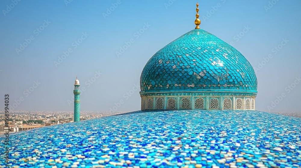 Obraz premium Turquoise dome and minaret of a mosque.