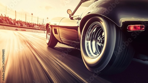 Red sports car racing at high speed on a drag strip, showcasing the thrill of competition and the pursuit of performance excellence.