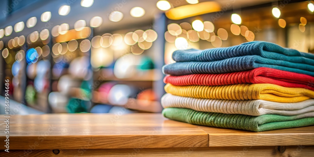 Minimalist Folded Sweaters on Shelf, Blurred Retail Background - Stock Photo Minimalist Folded Sweaters on Shelf, Blurred Retail Background - Stock Photo