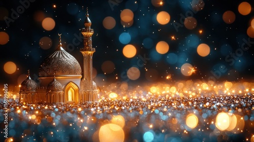 Illuminated mosque model on sparkling background.