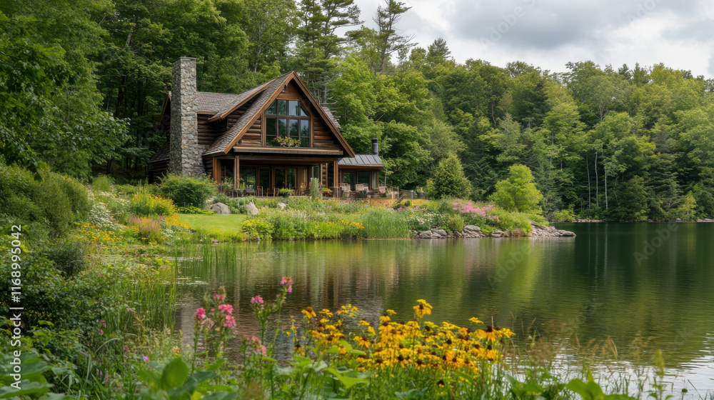 Fototapeta premium peaceful lakeside cabin surrounded by lush greenery and flowers