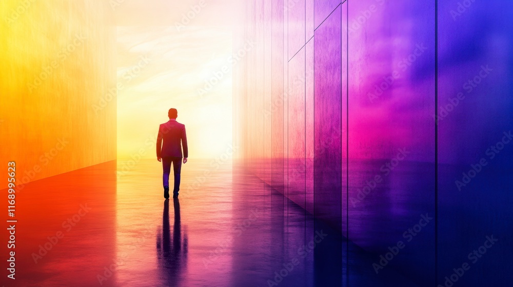 Fototapeta premium Businessman Walking Towards Bright Future, Colorful Corridor