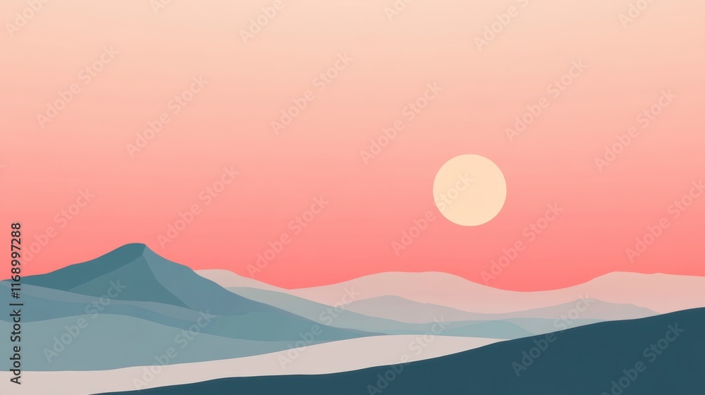 Serene Sunset Over Teal Mountains - Minimalist Landscape Serene Sunset Over Teal Mountains - Minimalist Landscape